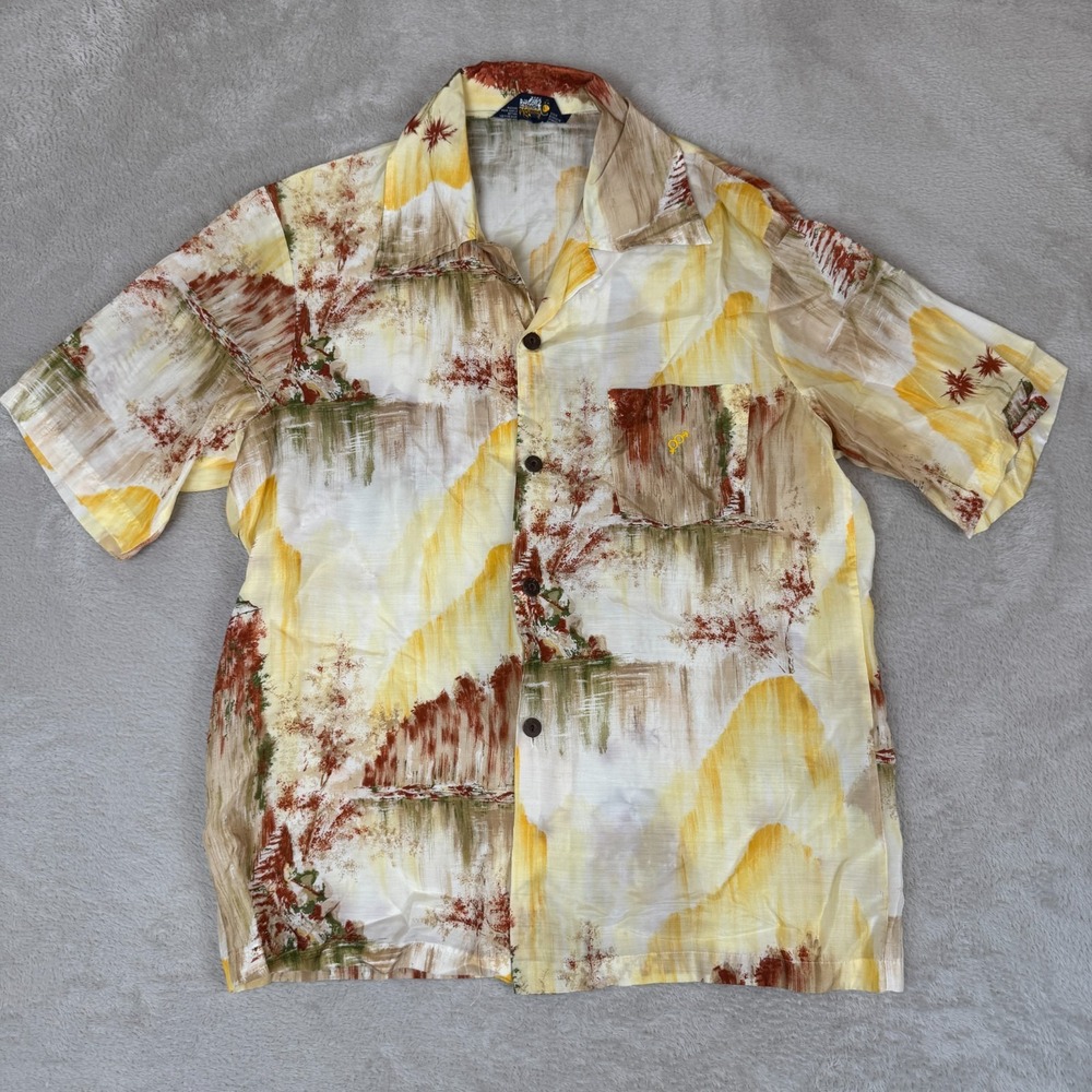 Vintage 70s Golden Breed Rayon‎ Button Up Shirt Mens L Brown Preowned Hawaiian